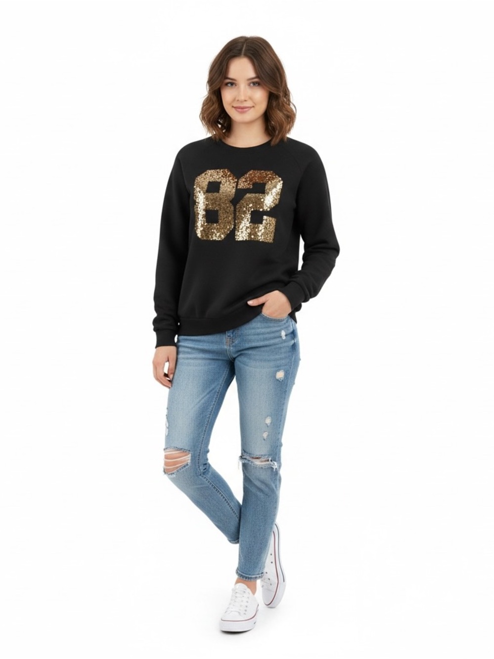 Forever 21 Black Sweatshirt with Gold Sequin '82' Detail